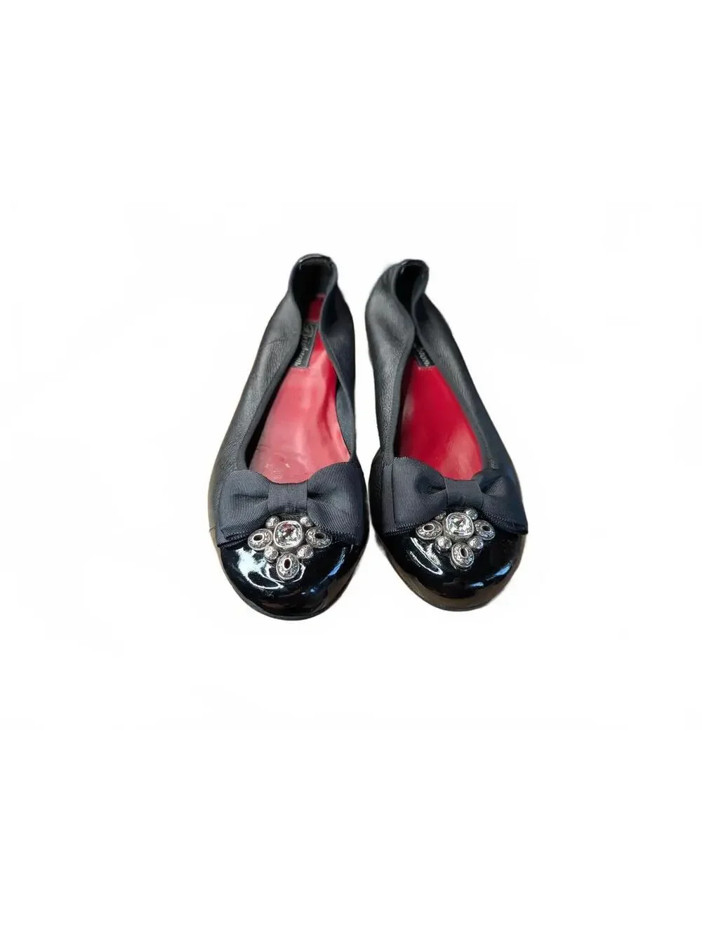 Brighton Black Leather Ballet Flats with Bow and Crystal Embellishment Size 10